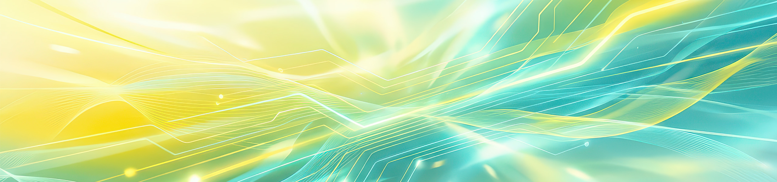 Abstrakte, dynamische Grafik mit wellenförmigen Linien und Lichteffekten in den Projektfarben Gelb und Grün.